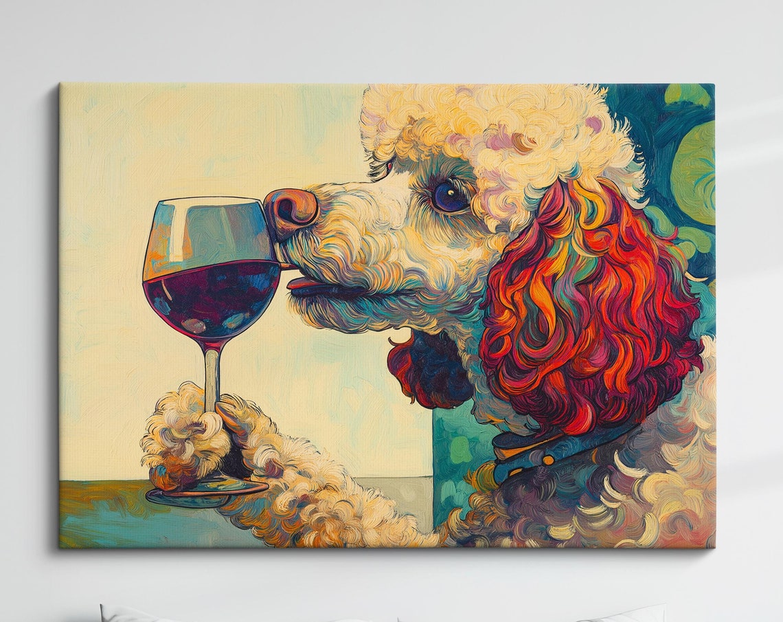 Poodle Dog Sipping Red Wine Glass Profile Elegant Oil Painting Poster