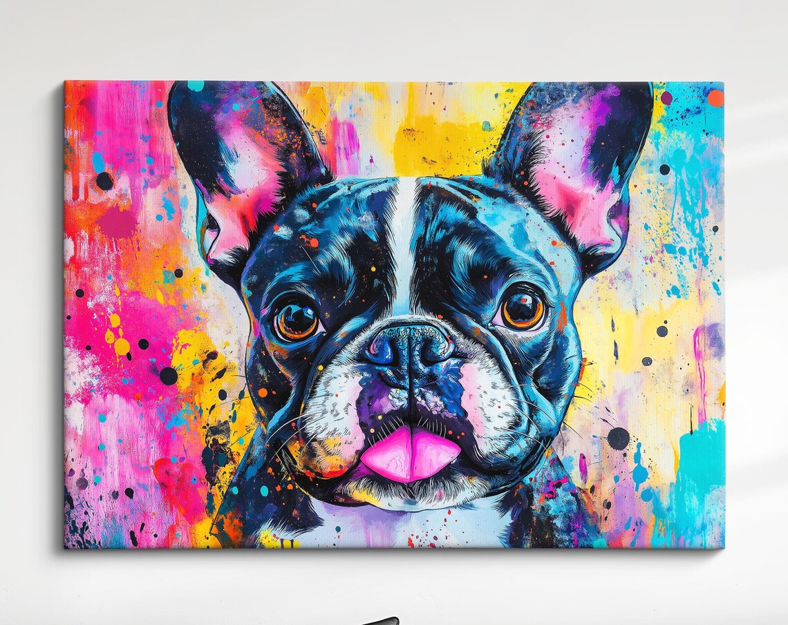 Happy French Bulldog Portrait Pink Yellow Splatter Dog Wall Art Print