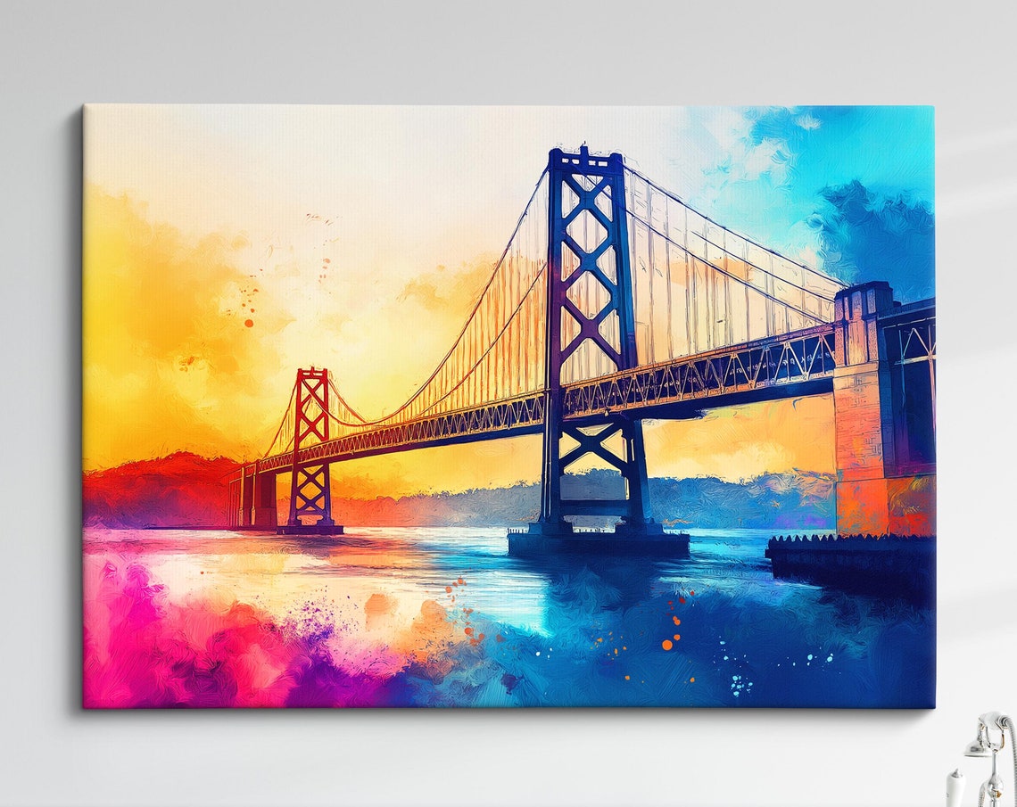 San Francisco Bay Bridge Sunset Watercolor Vibrant Orange Sky Poster
