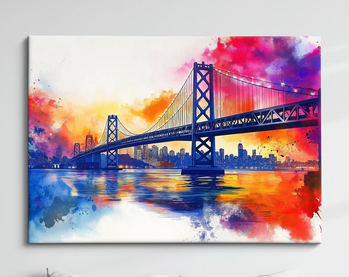 San Francisco Bay Bridge Sunset Skyline Vibrant Watercolor Art Poster