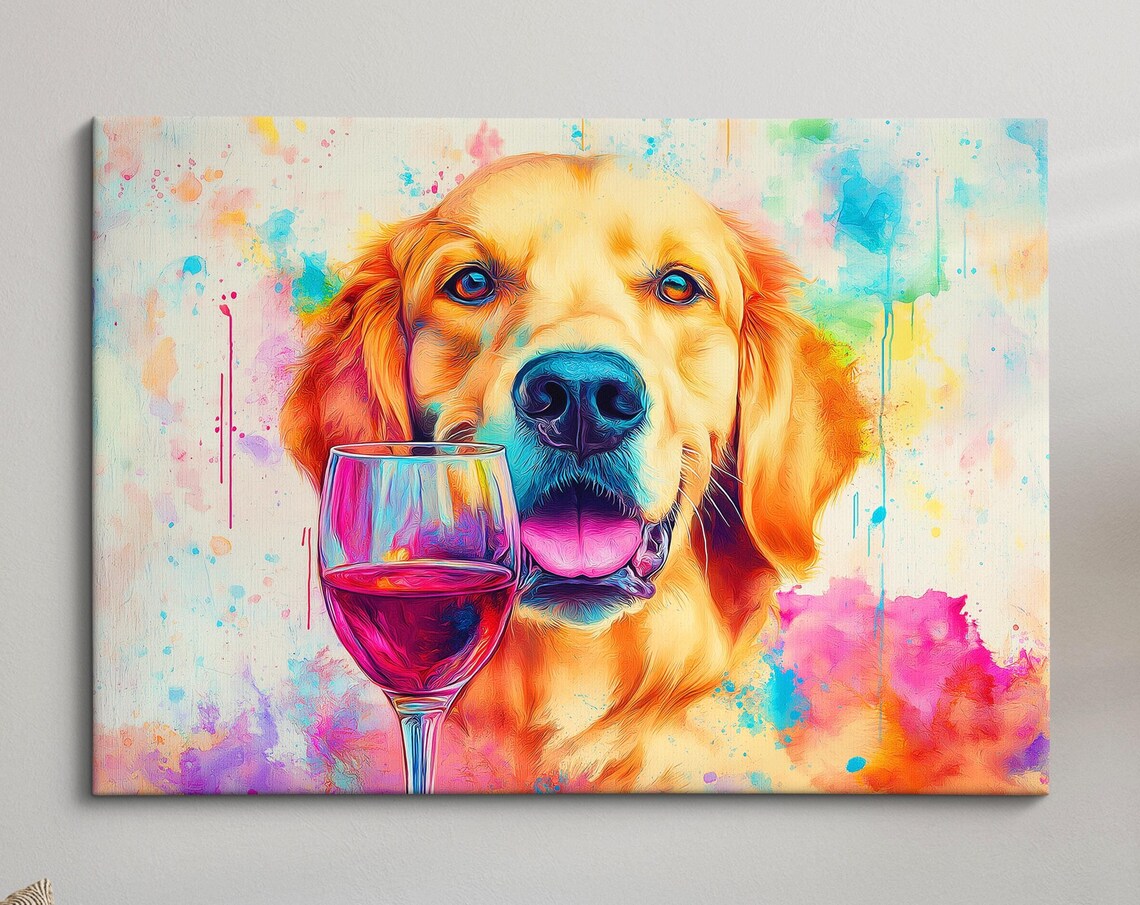 Golden Retriever With Red Wine Glass Watercolor Colorful Dog Art Print