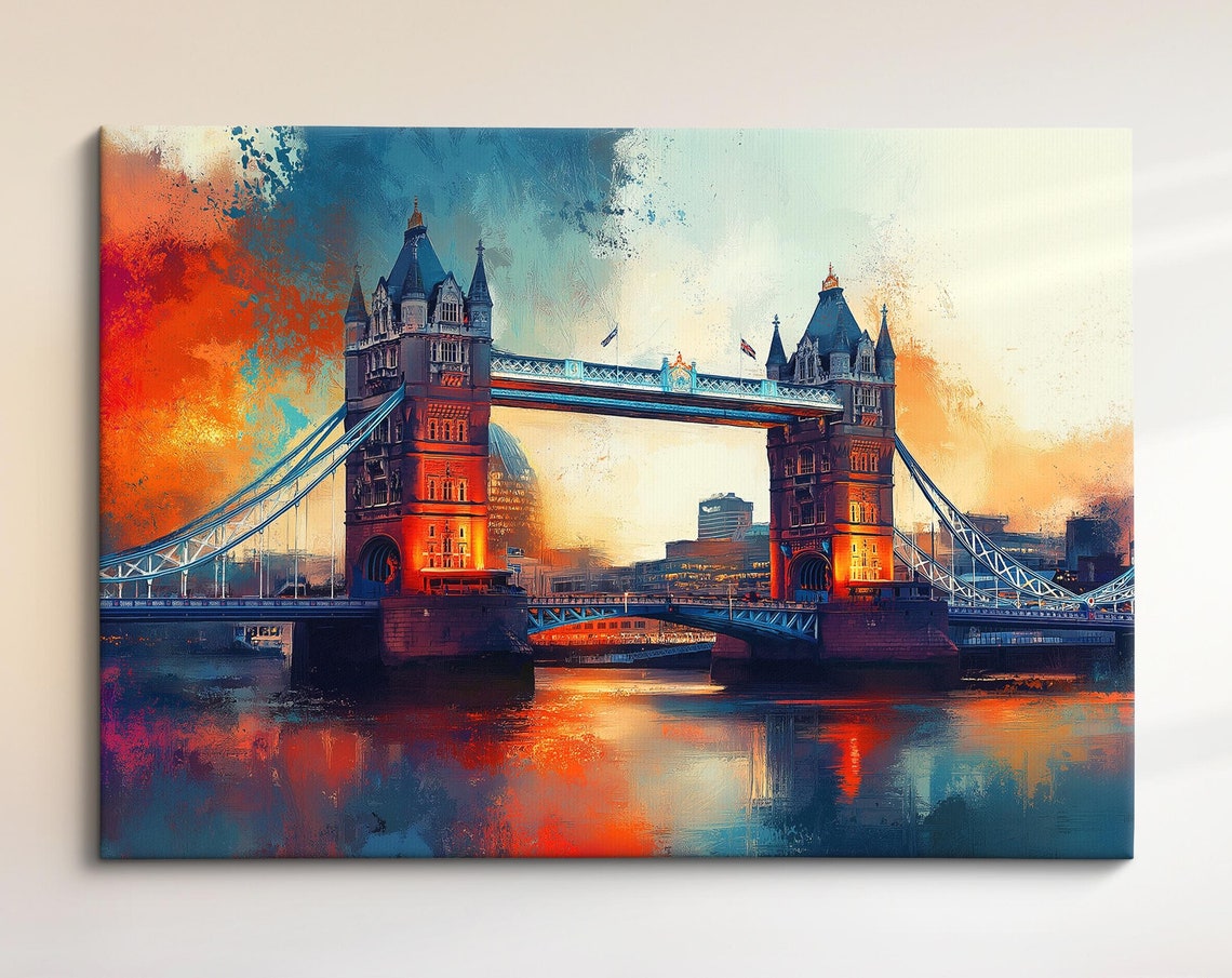 Tower Bridge London Sunset Watercolor Vibrant River Thames Art Poster