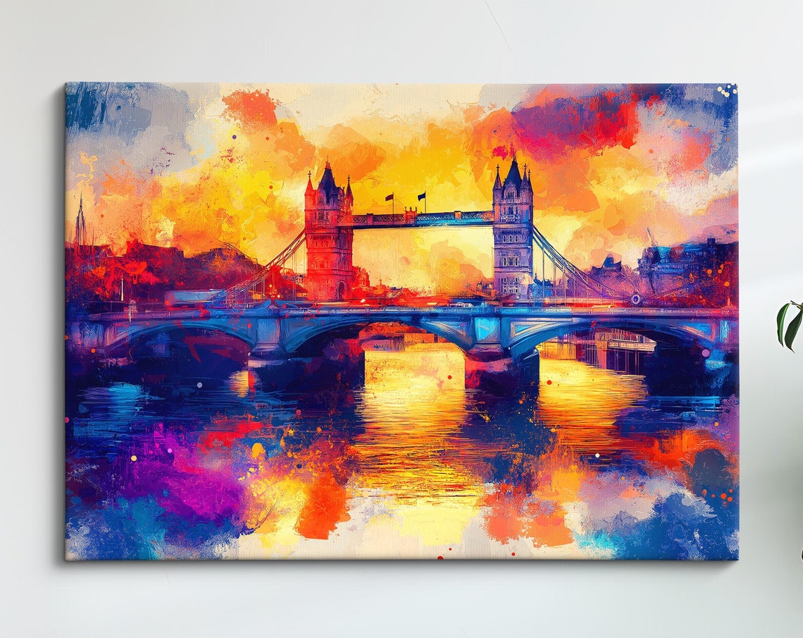 London Tower Bridge Vibrant Sunset Watercolor Pink Orange Sky Poster