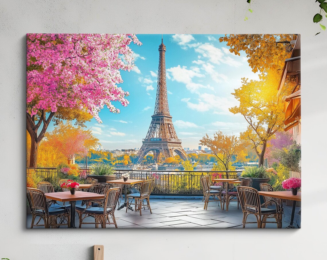 Eiffel Tower Paris Cafe Terrace Spring Blossoms Travel Art Poster