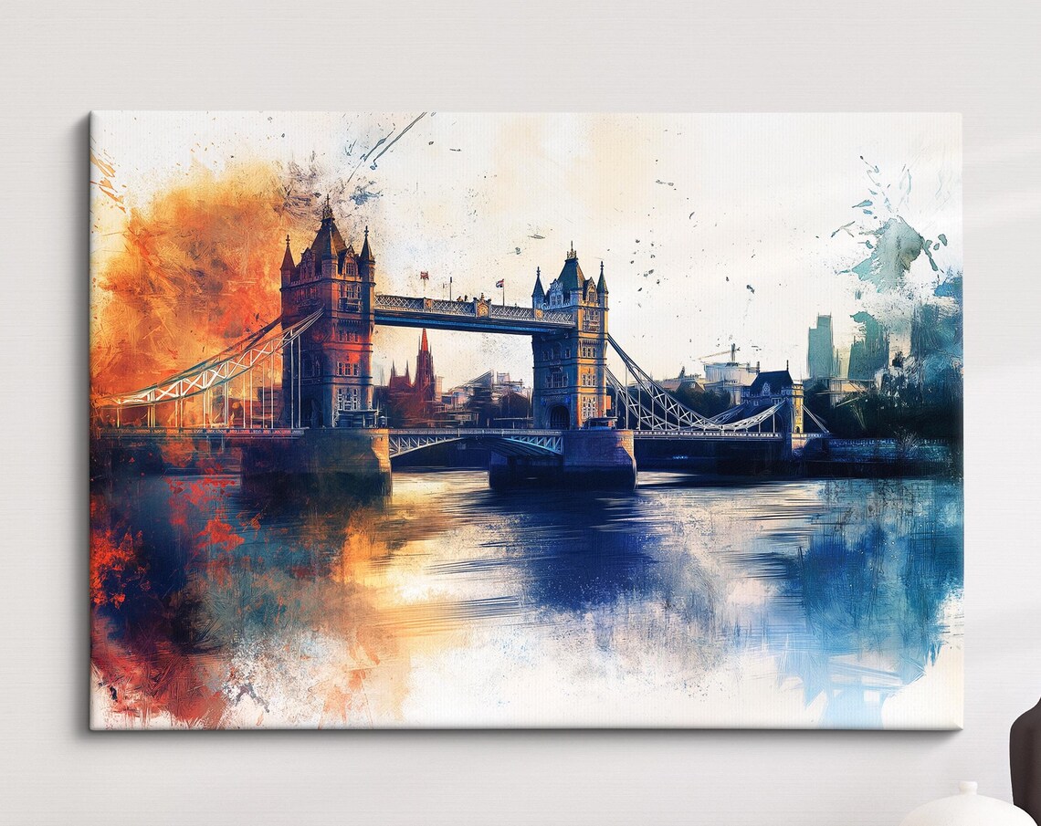 London Tower Bridge Watercolor Art Orange Skyline Thames River Poster