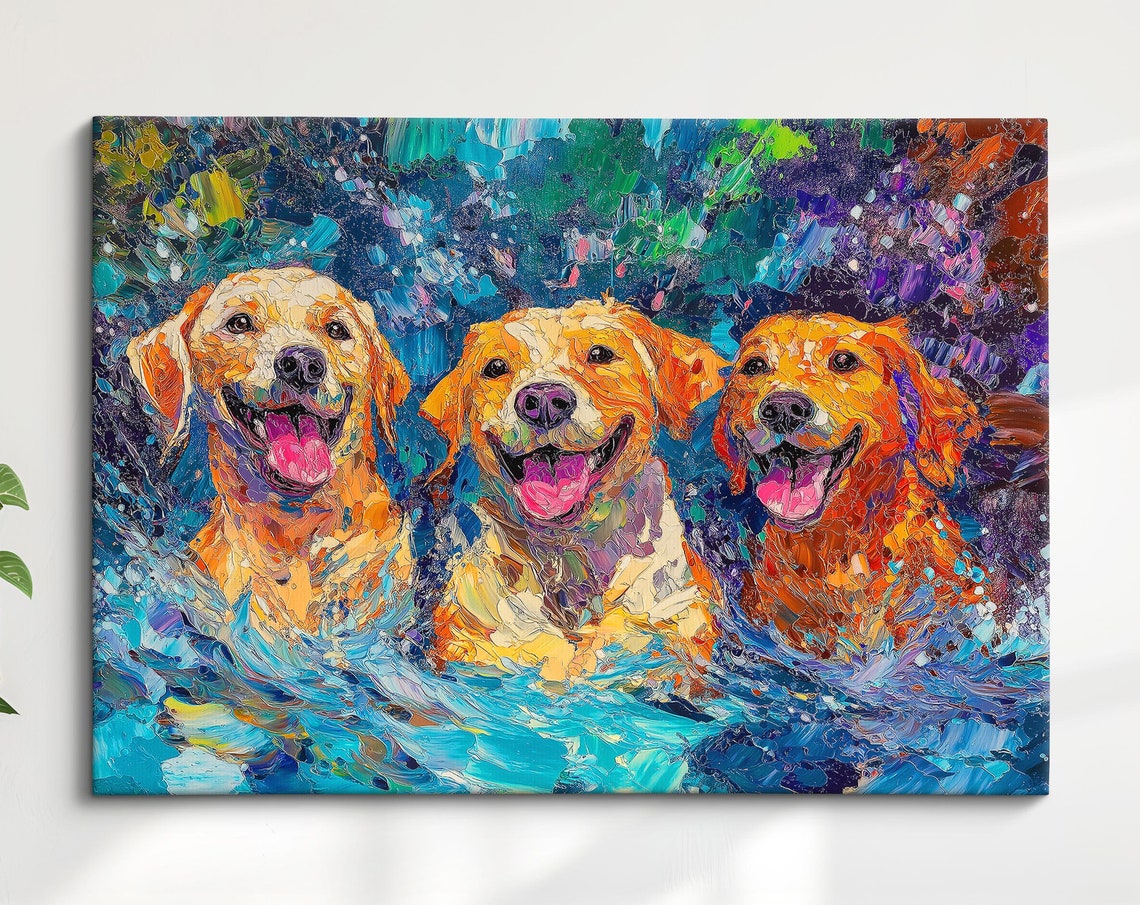 Three Golden Retrievers Swimming Joyful Blue Water Dog Art Print