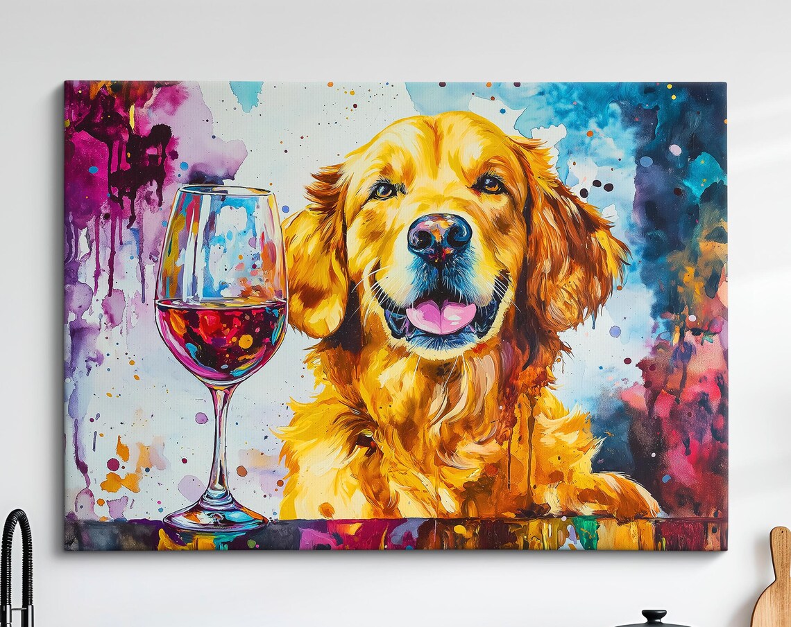 Smiling Golden Retriever Wine Glass Dark Watercolor Dog Art Print