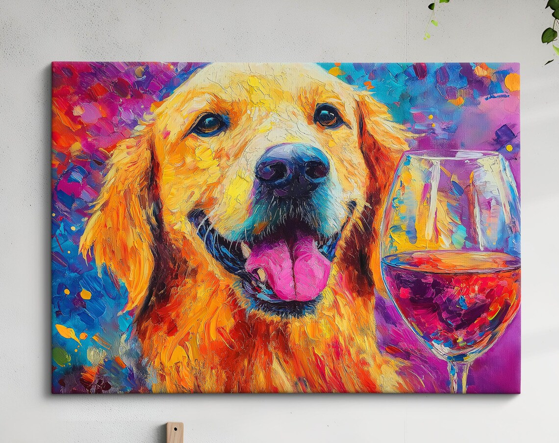 Joyful Golden Retriever Rose Wine Colorful Oil Paint Dog Art Print