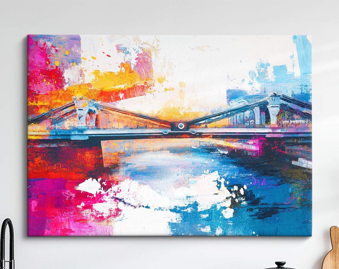 Abstract London Bridge Sunset Silhouette Pink Blue Watercolor Poster