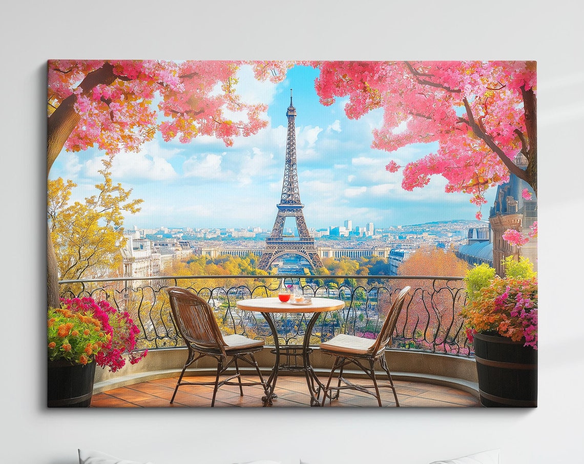 Eiffel Tower Paris Balcony Cherry Blossoms Romantic Travel Art Poster