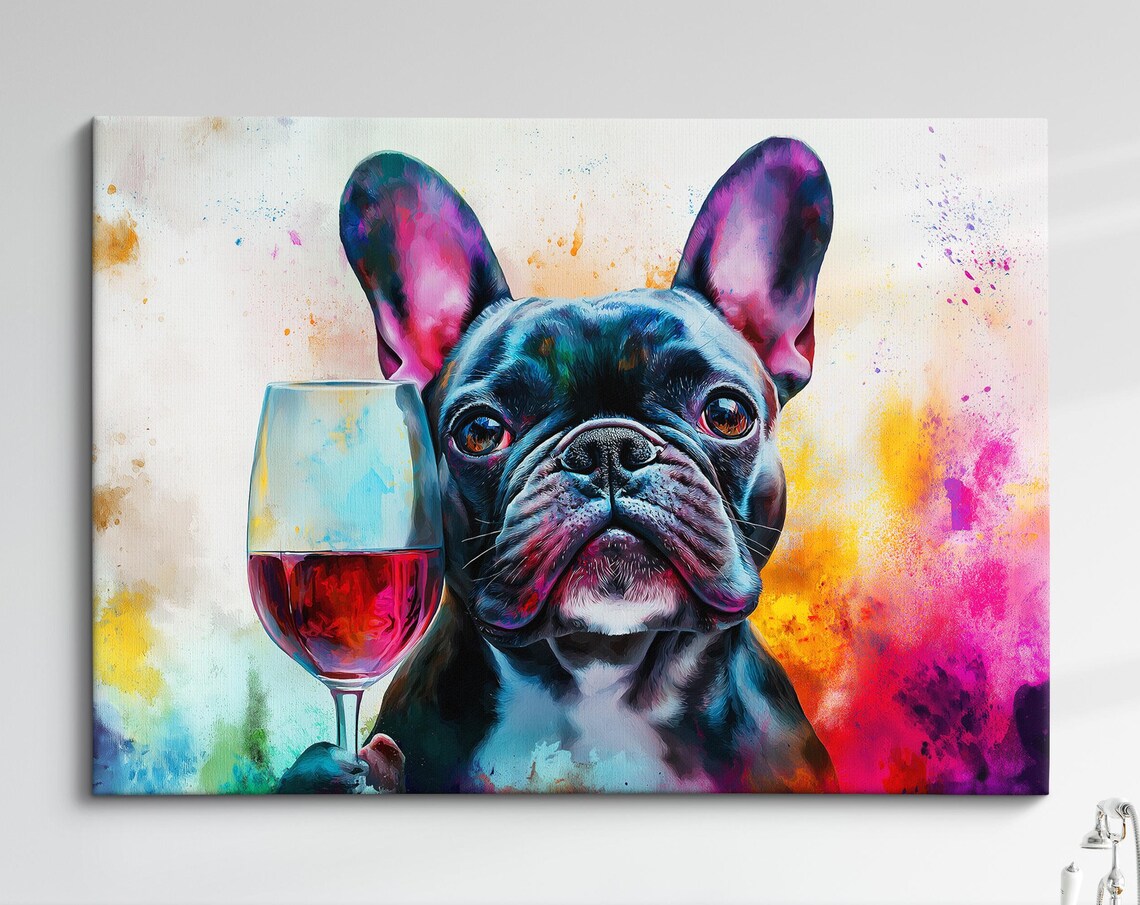 French Bulldog With Red Wine Glass Colorful Watercolor Dog Art Print