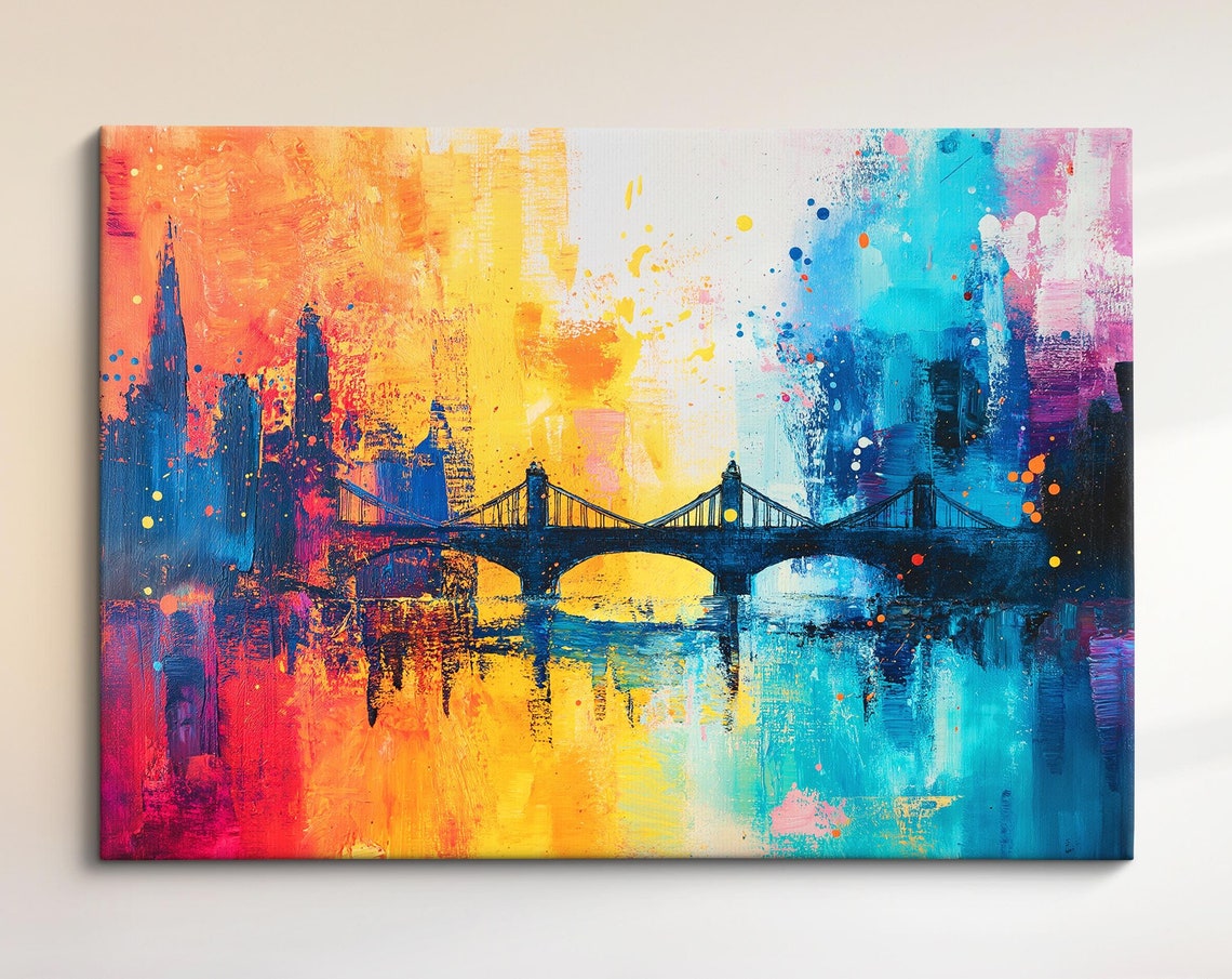 London Thames Bridge Silhouette Sunrise Rainbow Watercolor Art Poster