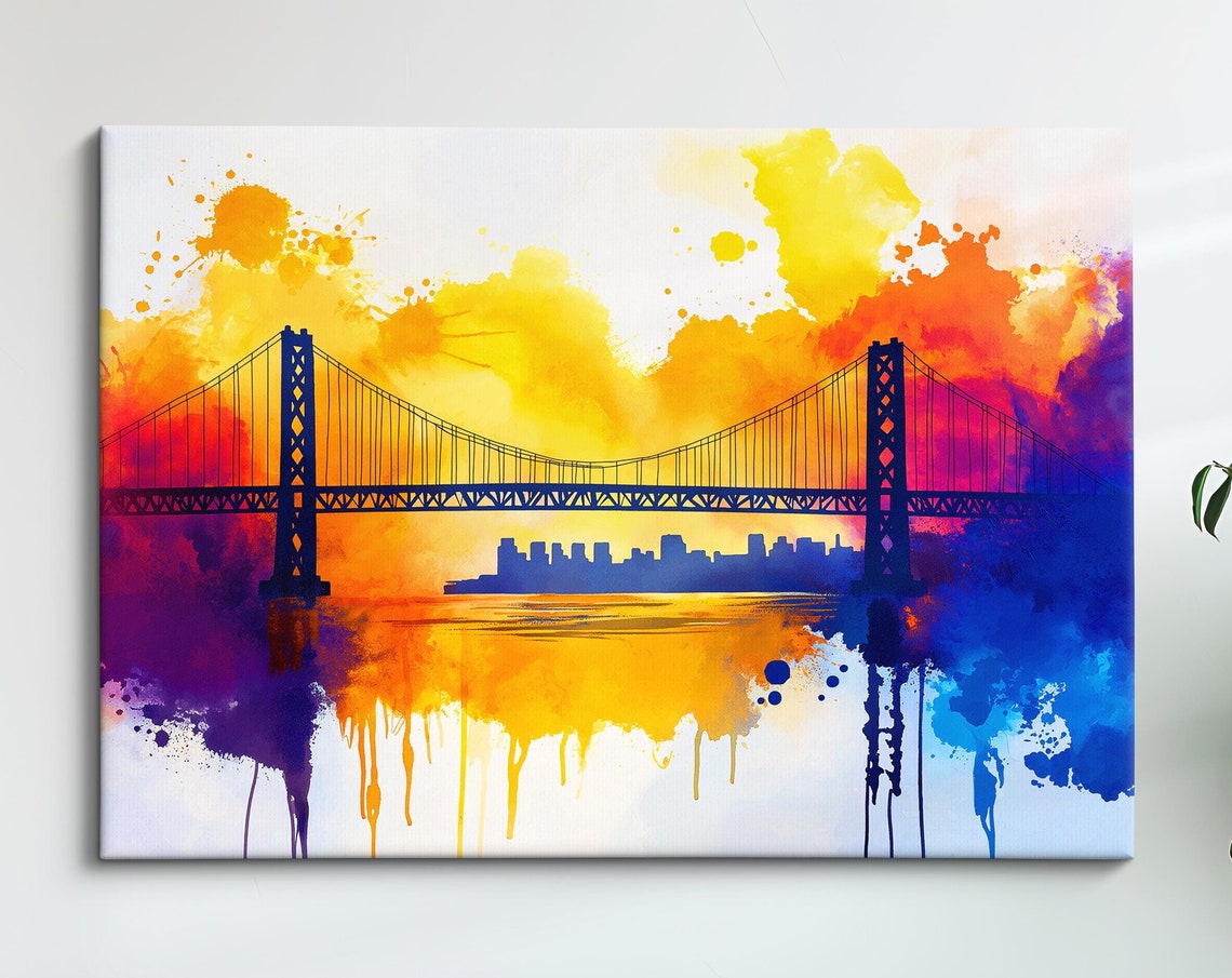 San Francisco Bay Bridge Silhouette Rainbow Sunset Watercolor Poster