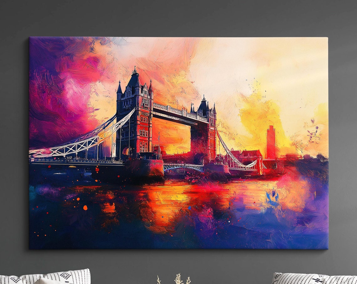 London Tower Bridge Dramatic Sunset Magenta Sky Thames Night Poster