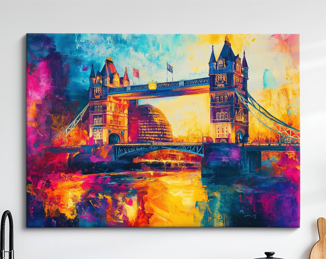Tower Bridge London Pink Sunset Vibrant Watercolor Travel Art Poster