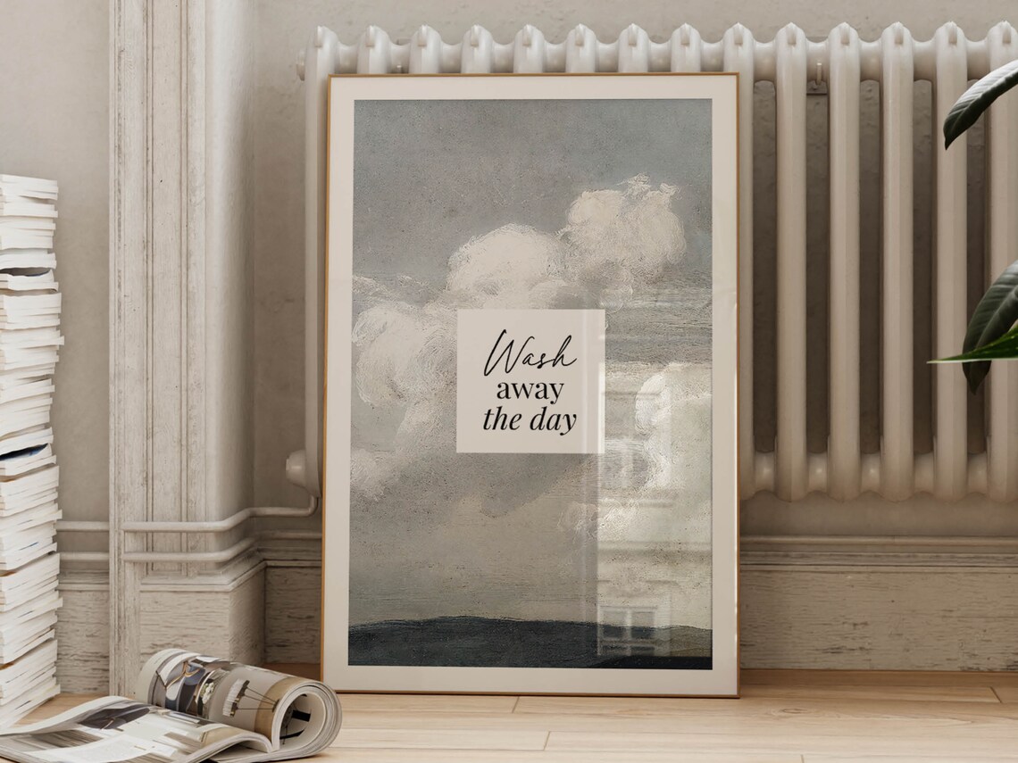 Wash Away the Day Muted Cloud Seascape Bathroom Quote Poster