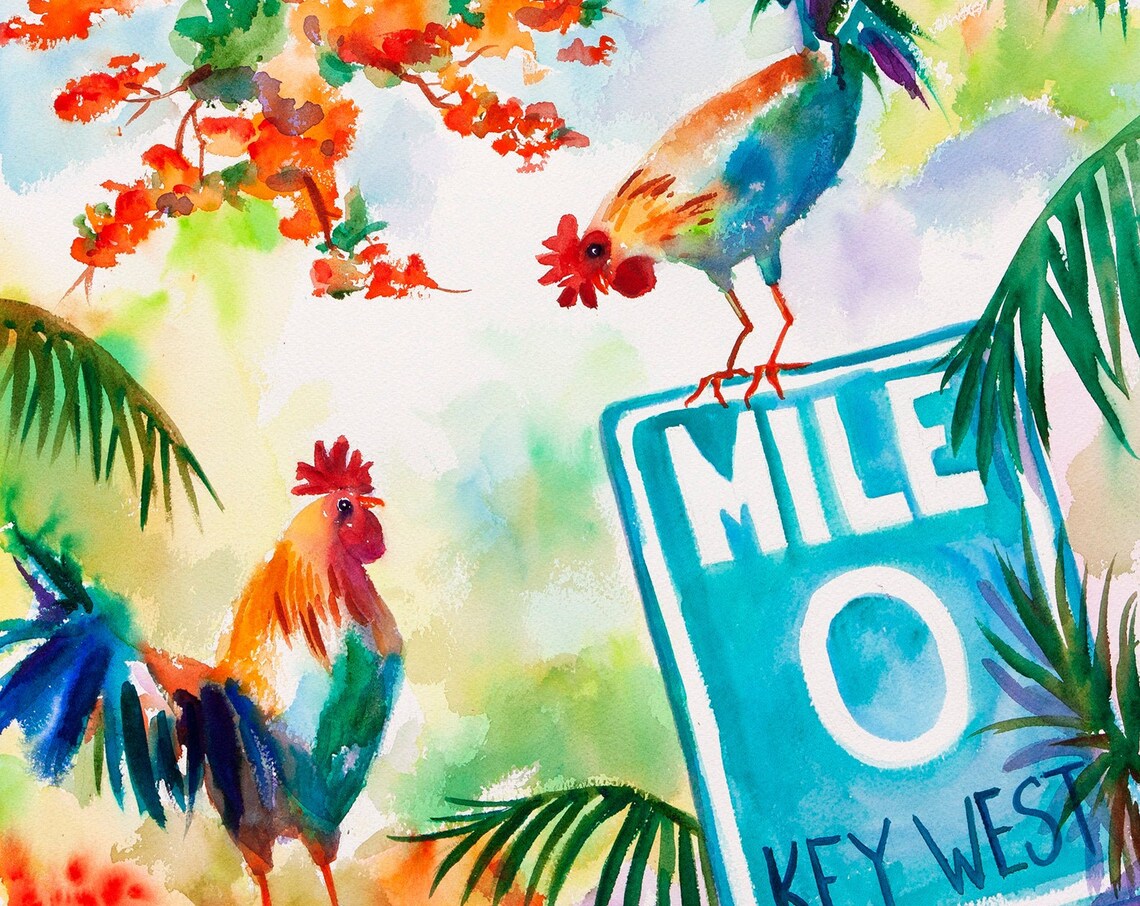Key West Rooster Watercolor Art Print, Mile Marker Zero