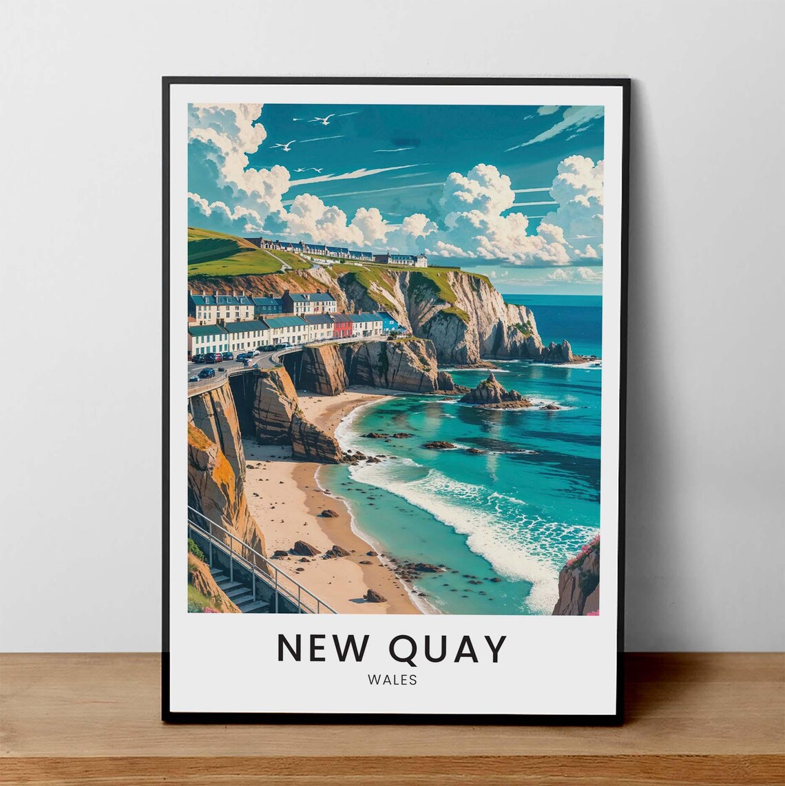 New Quay Wales Dramatic Coastal Cliffs Seaside Town Travel Poster