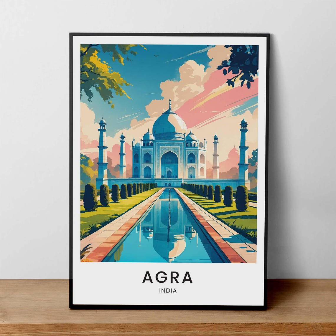 Agra India Taj Mahal Reflection Pool Sunset Landmark Travel Poster