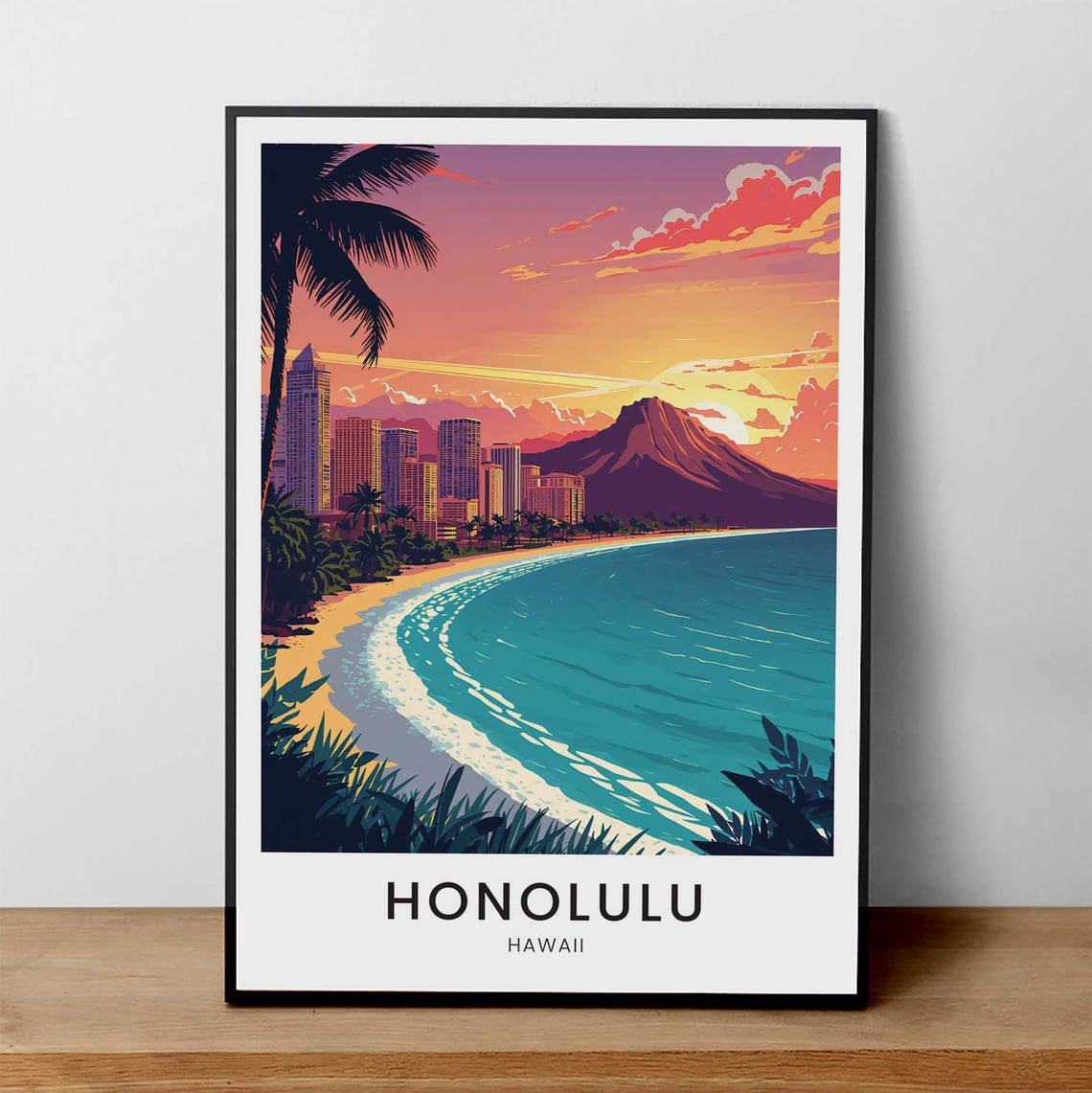 Honolulu Hawaii Waikiki Beach Sunset Diamond Head Travel Poster