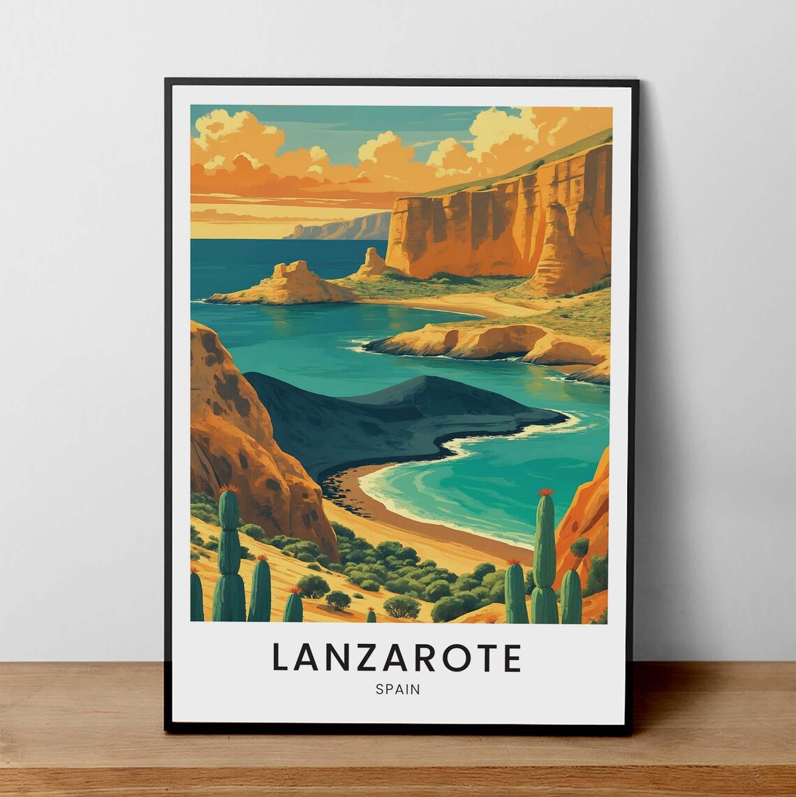Lanzarote Spain Volcanic Cliffs Coastline Vintage Travel Poster