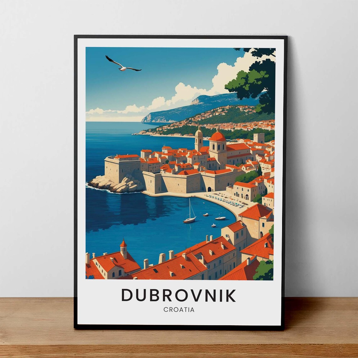 Dubrovnik Croatia Walled Old Town Harbor Coastline Travel Poster