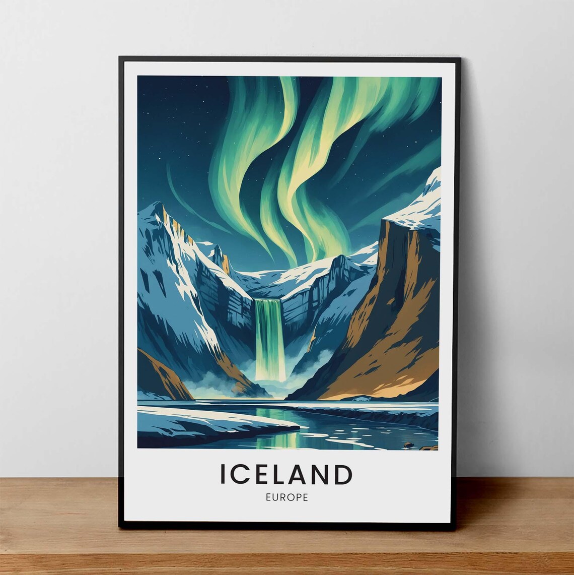 Iceland Northern Lights Waterfall Snowy Peaks Vintage Travel Poster