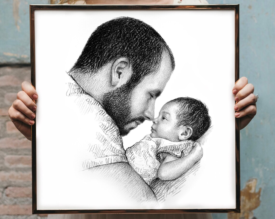 Bearded Father and Baby Custom Charcoal Portrait Sketch Art Print