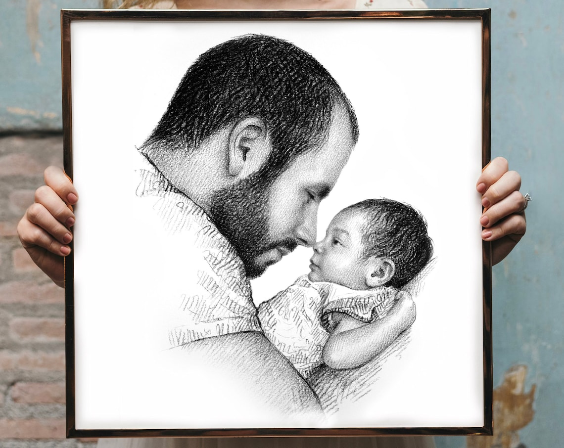 Father Holding Laughing Baby Custom Pencil Portrait Sketch Print - Image 9