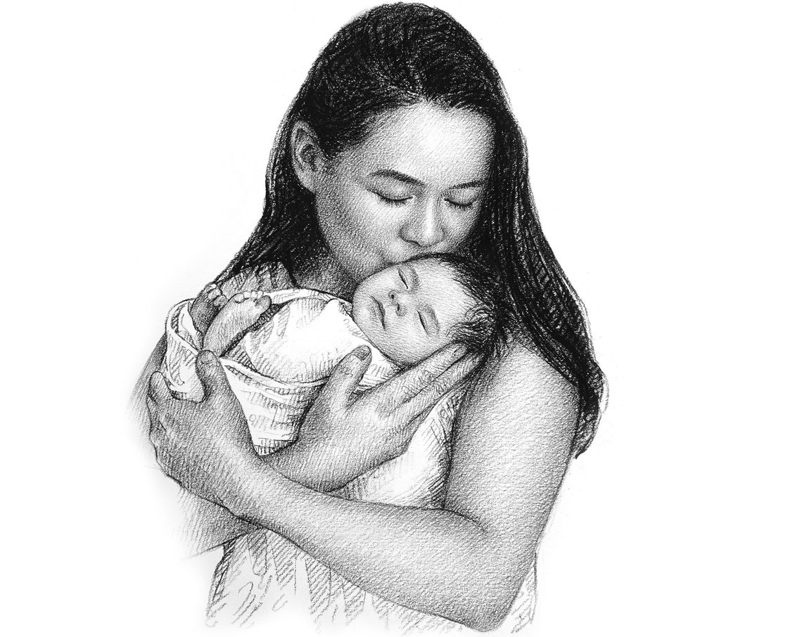 New Mom Holding Newborn Custom Pencil Portrait Sketch Art Print - Image 4