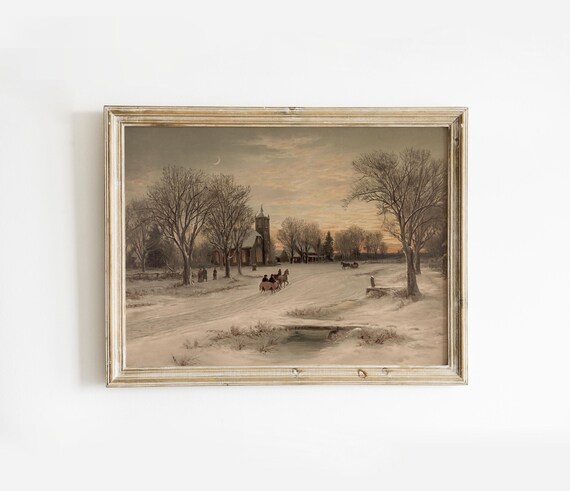 Snowy Village Church Winter Twilight Vintage Oil Painting Poster