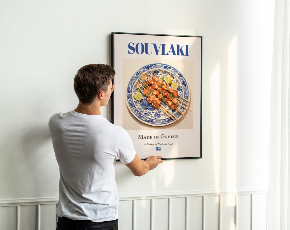 Souvlaki on Maiolica Tile Plate, Greek Food Art Print - Image 3