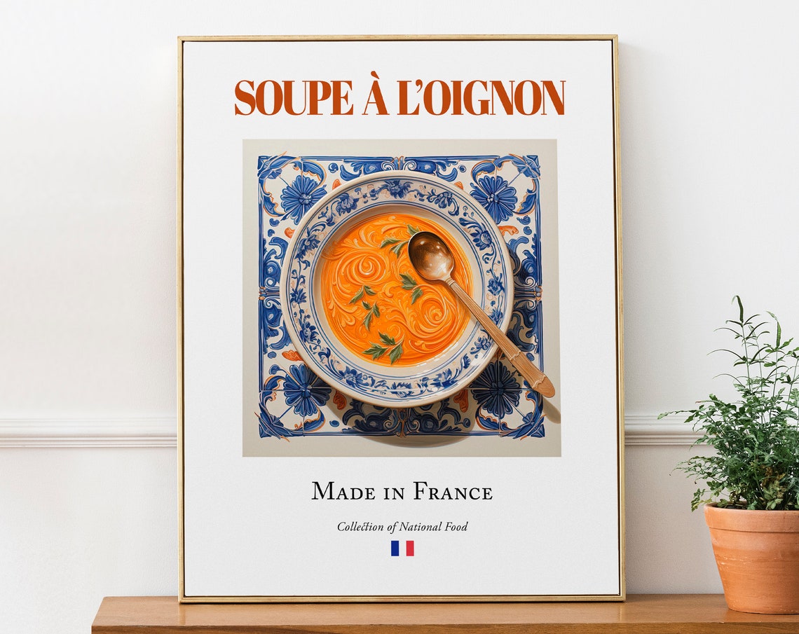Soupe Loignon on Maiolica Tile Plate, French Food Poster