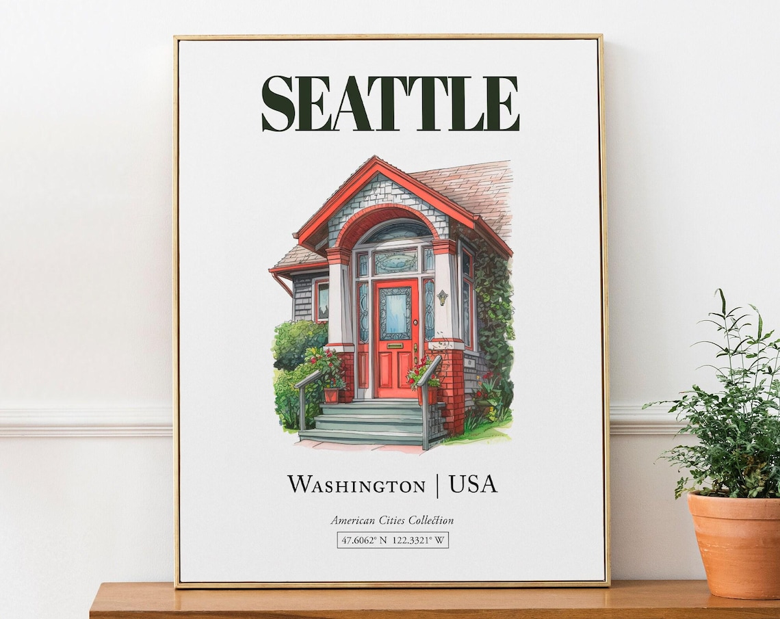 Seattle Washington USA Minimalist Watercolor Travel Poster