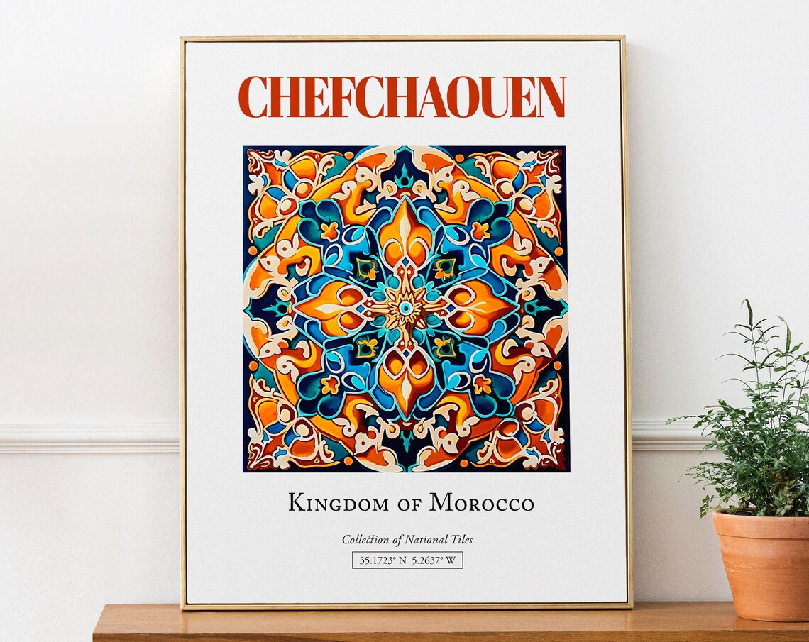 Chefchaouen Morocco Folk Tile Art Print, Kitchen Decor
