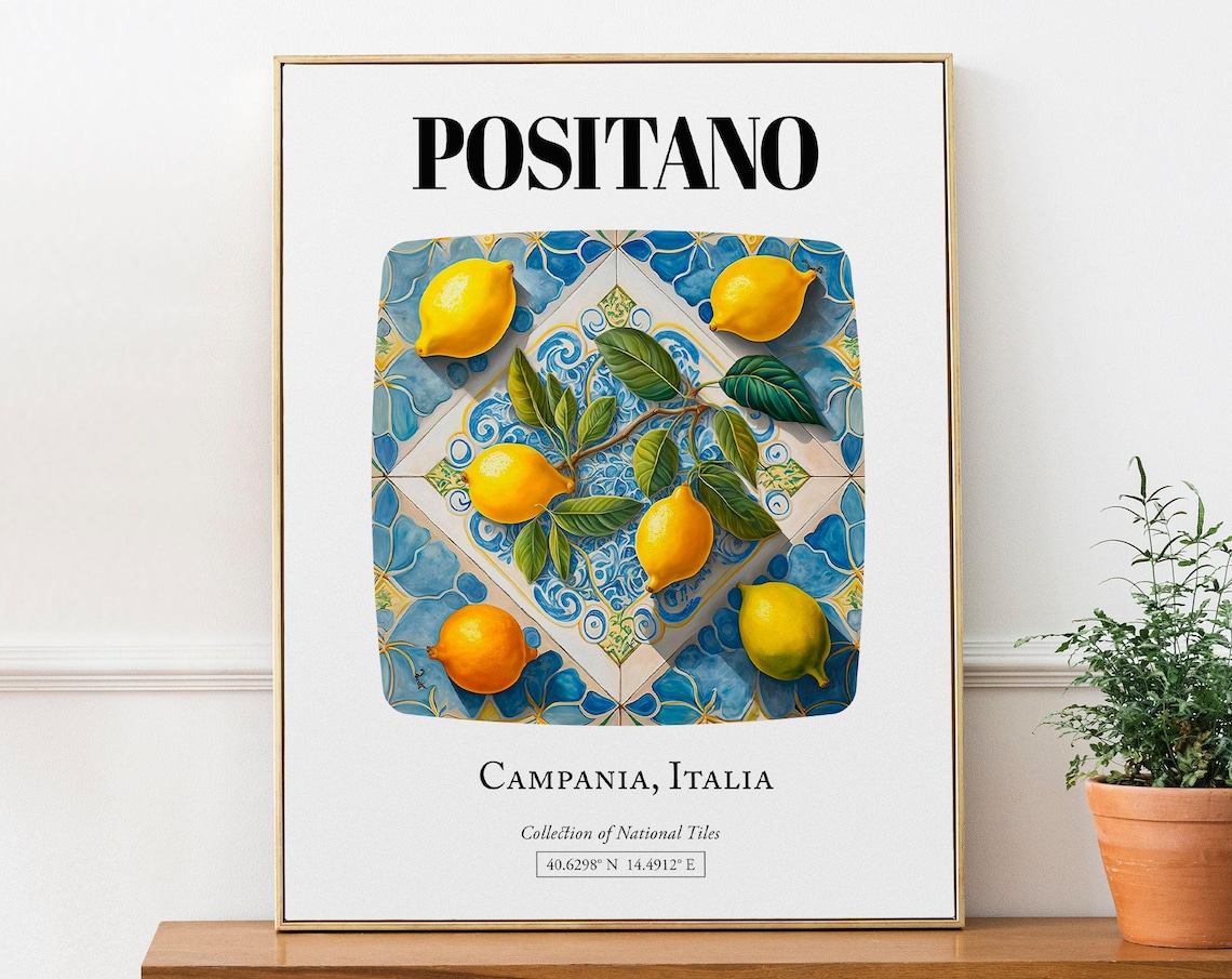 Positano Campania Italy Lemons Tile Pattern Travel Poster