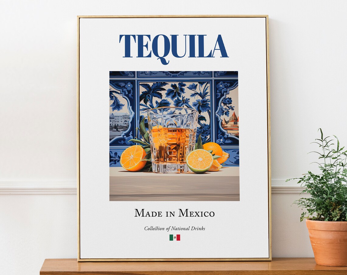 Tequila On Maiolica Tile, Traditional Mexican Art Print