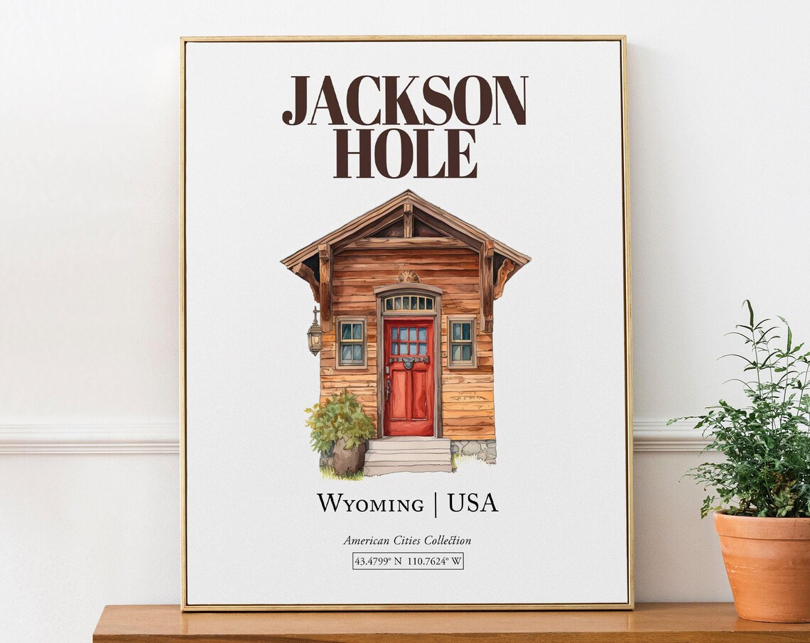 Jackson Hole Wyoming Travel Poster, Minimalist Watercolor