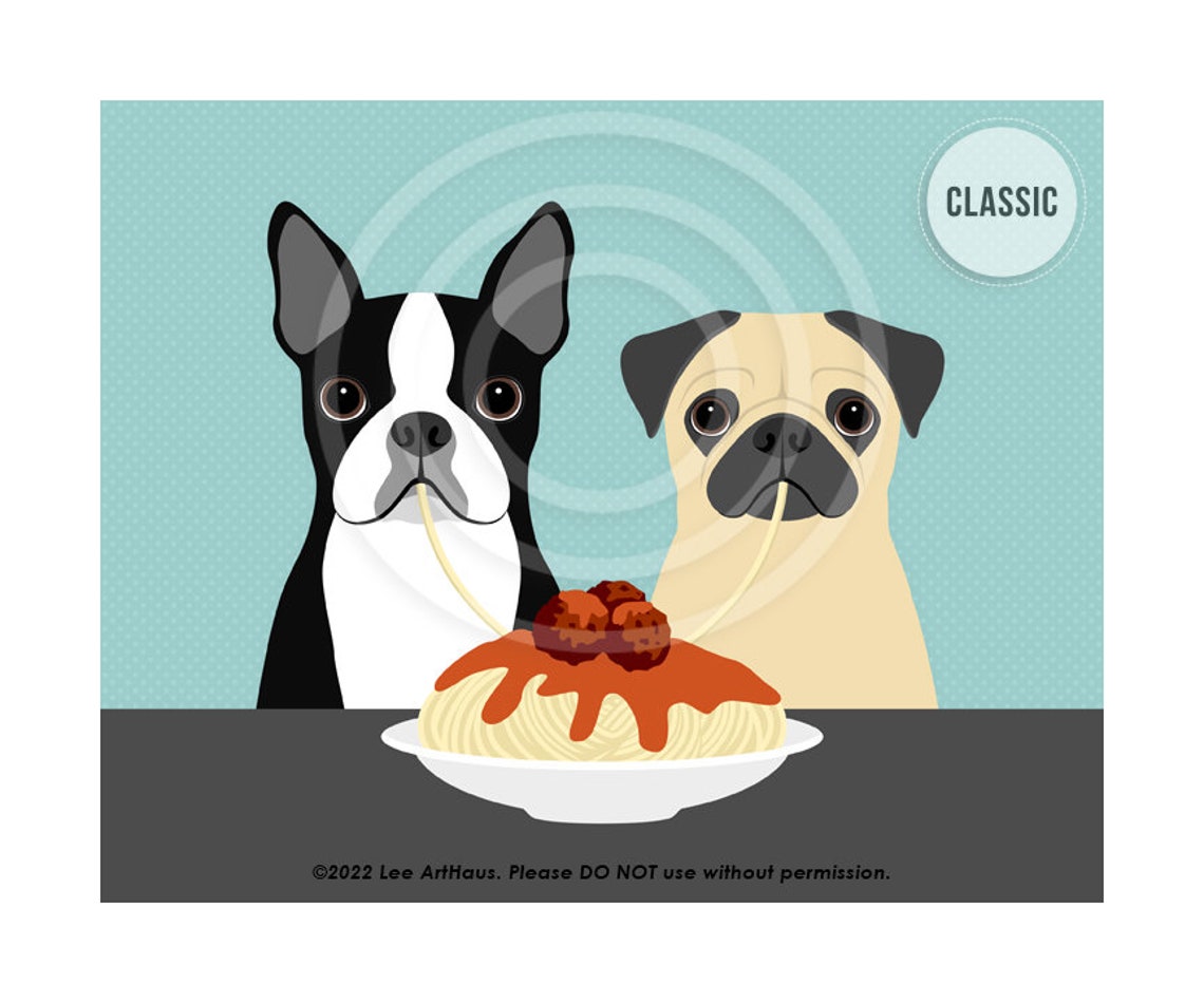Boston Terrier and Pug Sharing Spaghetti and Meatballs Art Poster