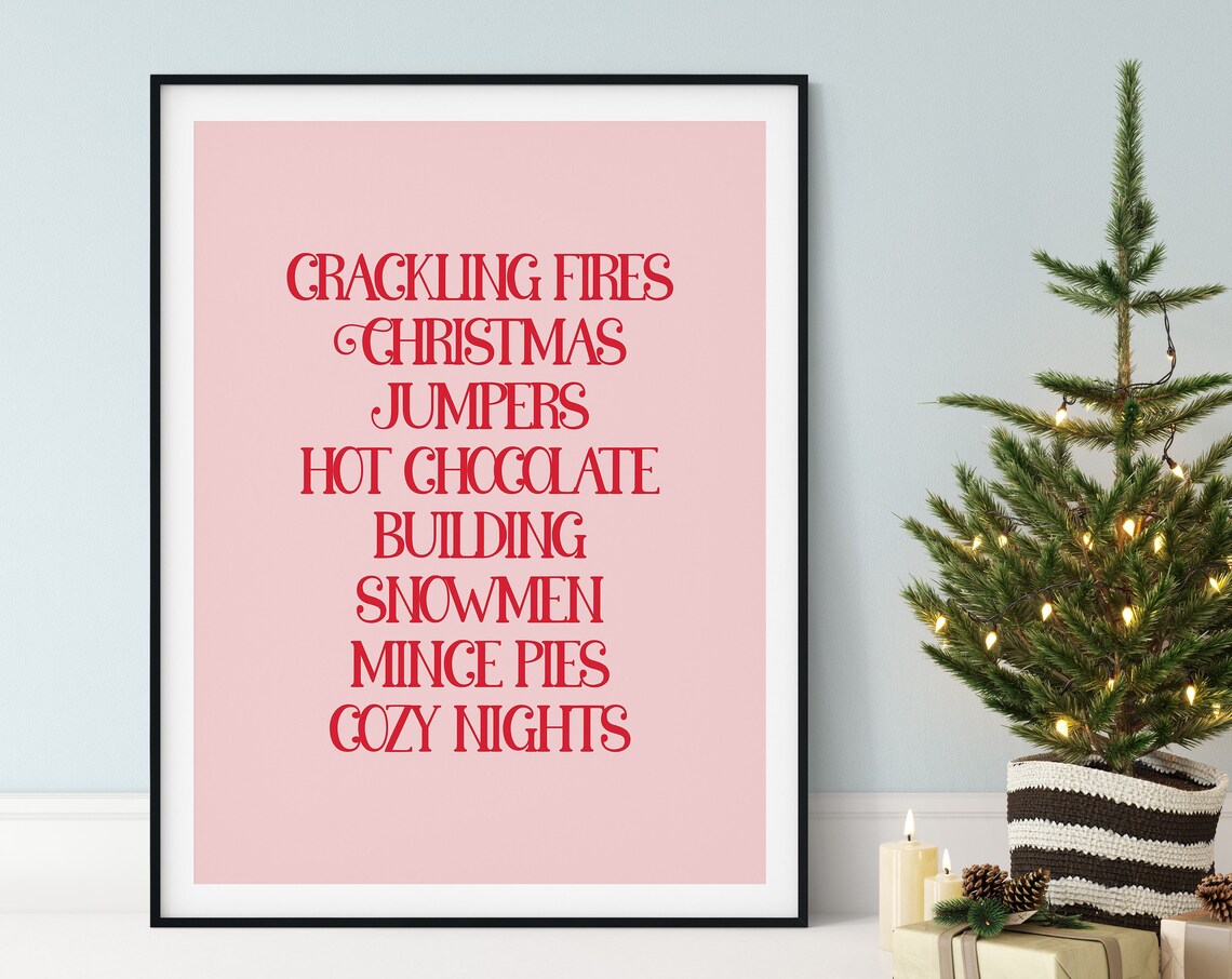 Pink Cozy Christmas Traditions List Typography Holiday Poster