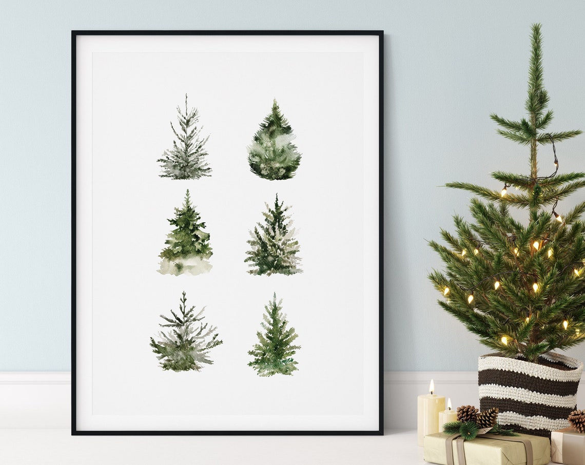 Six Watercolor Pine Trees Botanical Winter Evergreen Forest Poster