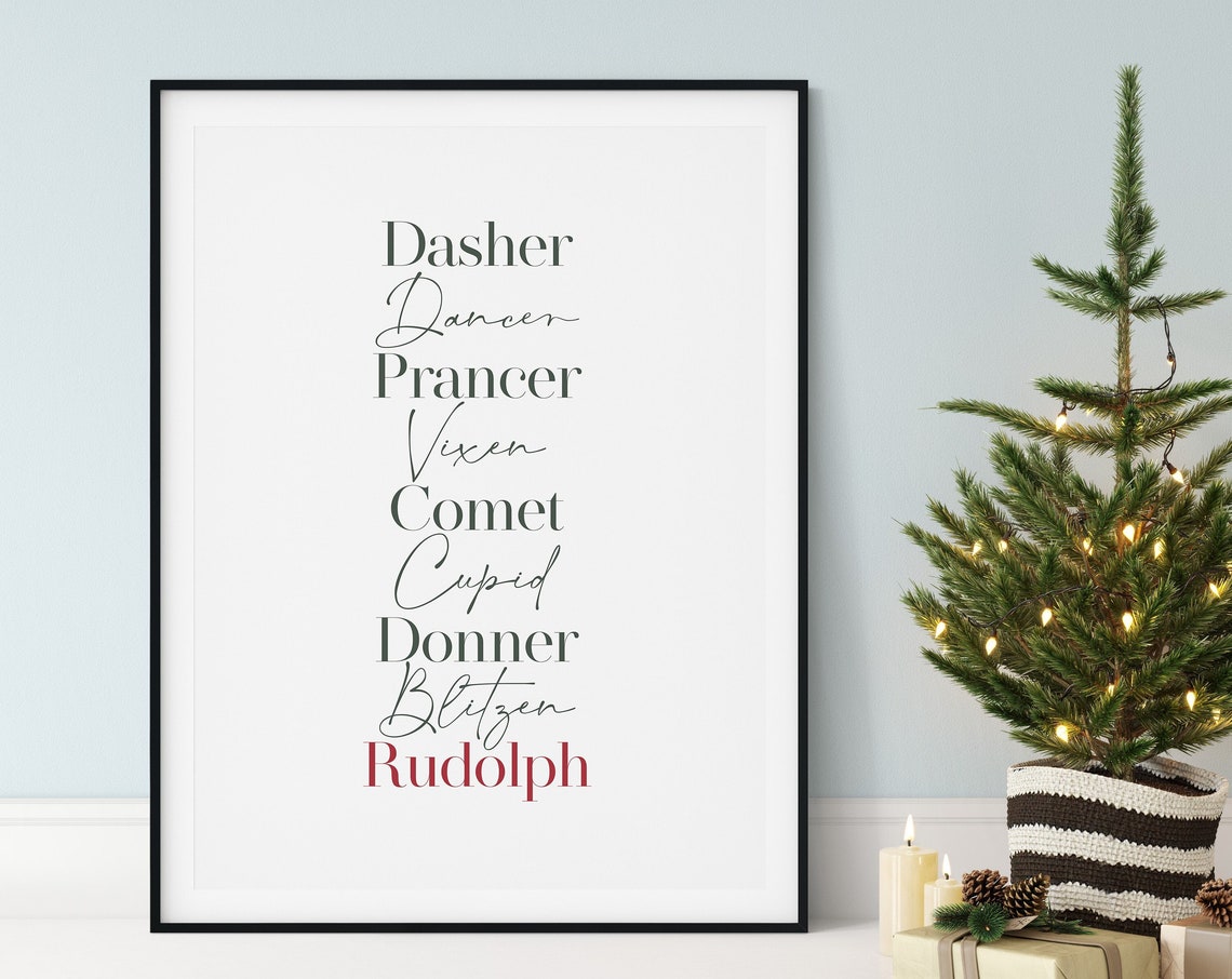 Santa Reindeer Names List Christmas Typography Holiday Poster