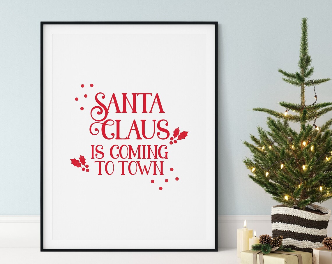 Santa Claus Is Coming to Town Holly Red Lettering Christmas Poster