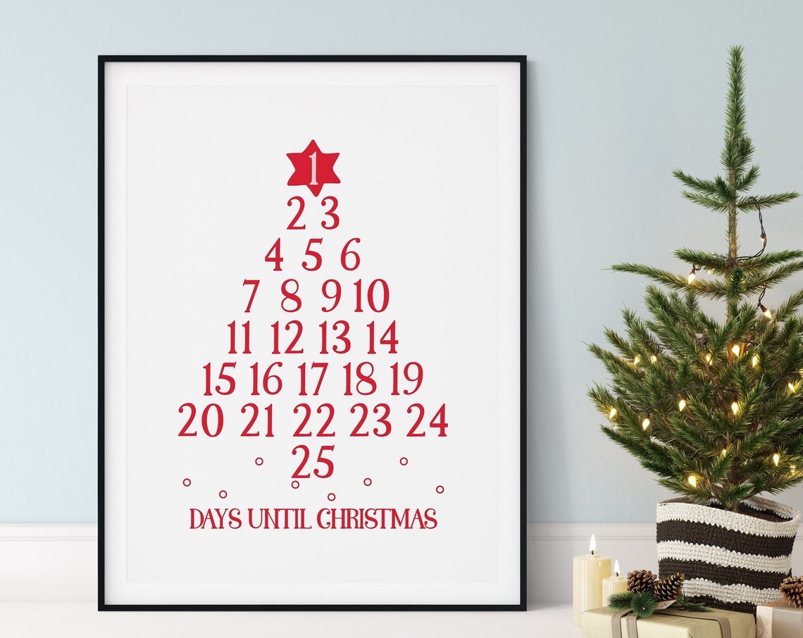 Days Until Christmas Countdown Tree Numbers Red Holiday Poster