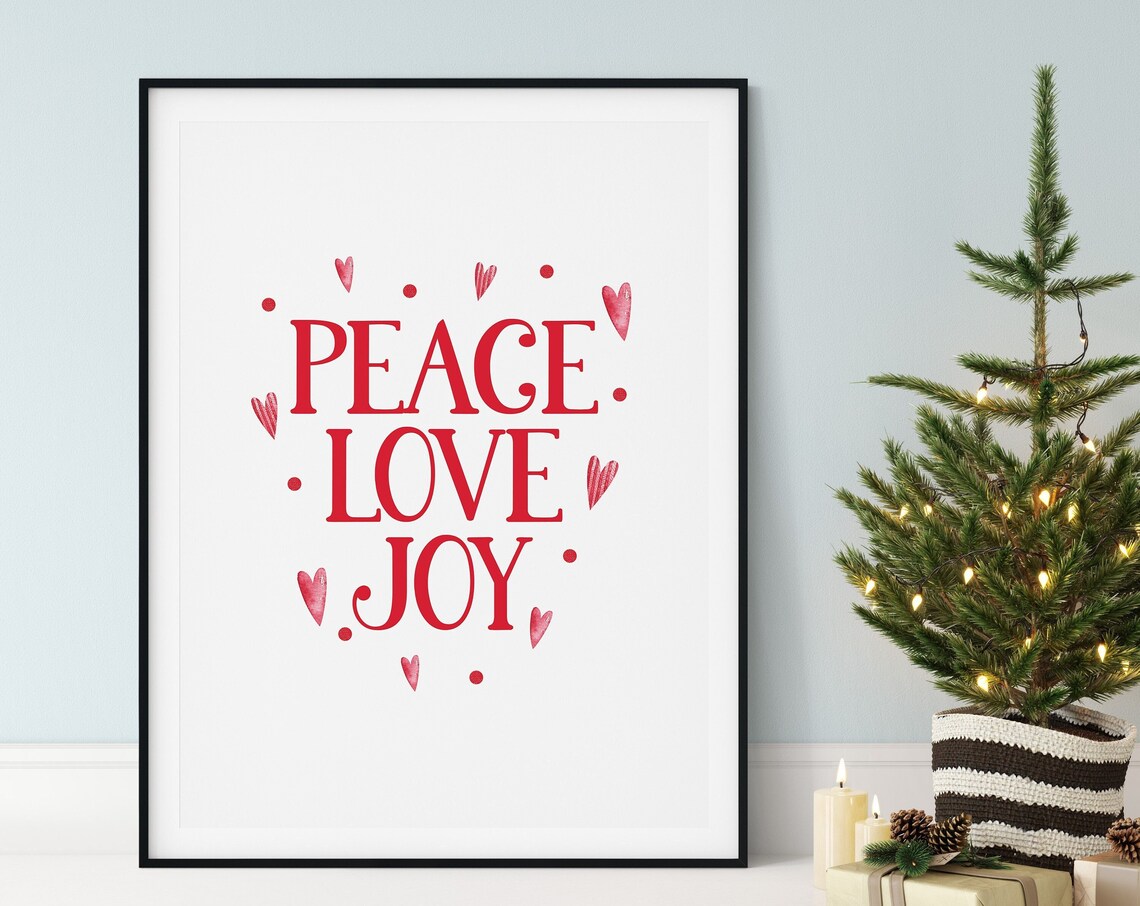 Peace Love Joy Red Lettering Hearts Minimalist Christmas Poster