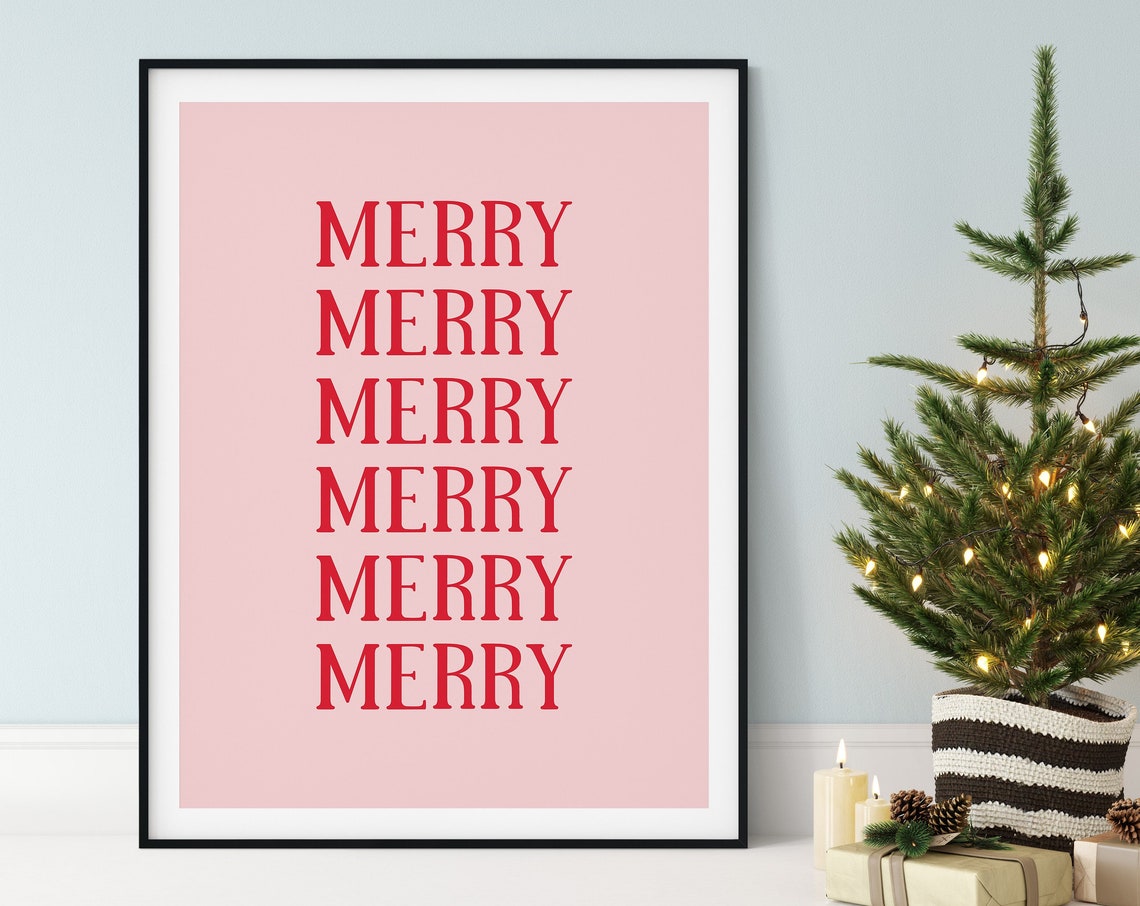 Merry Repeated Red Type Blush Pink Modern Minimalist Holiday Poster