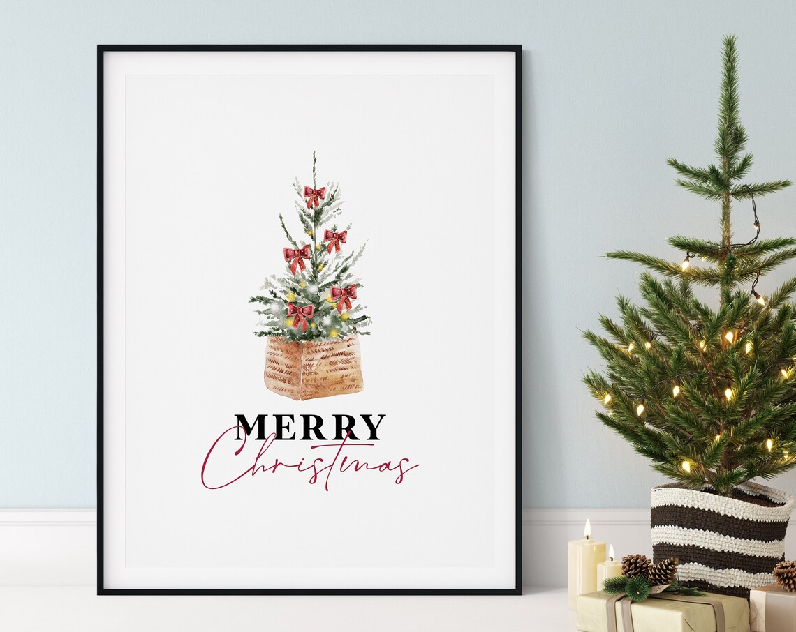Watercolor Potted Christmas Tree Merry Christmas Holiday Decor Print