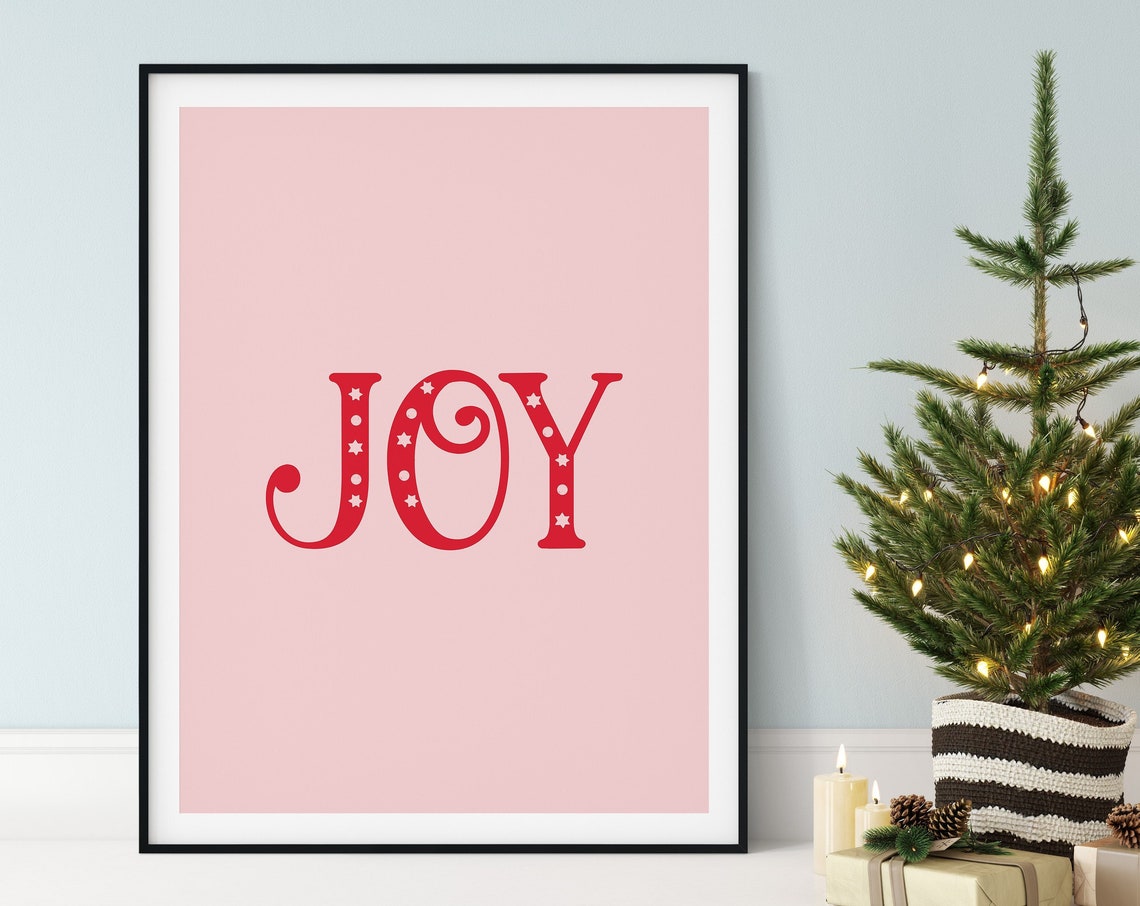 Joy Big Red Letters Blush Pink Modern Minimalist Christmas Poster