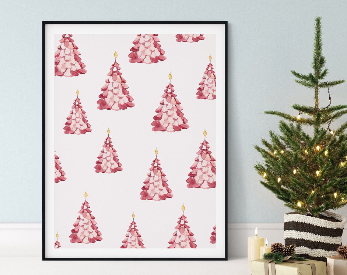 Pink Christmas Tree Watercolor Minimalist Scandinavian Holiday Poster
