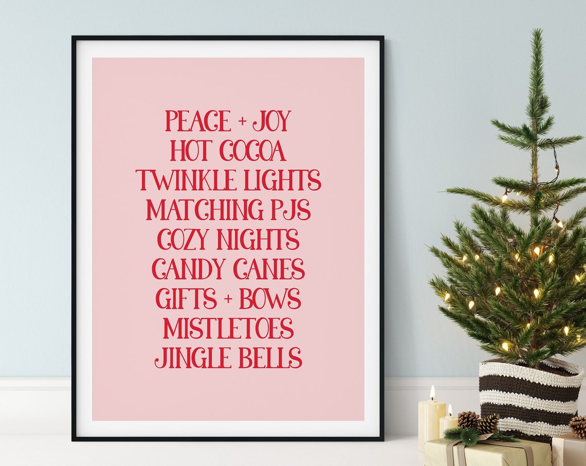 Peace Joy Hot Cocoa Cozy Nights Christmas Wishlist Pink Poster